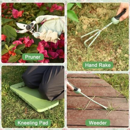 A gardener using the WisaKey hand rake and pruning shears in a garden, showcasing the functionality of the tools.