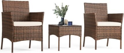 A stylish Sweetcrispy patio furniture set including 2 chairs, cushions, and a glass table for garden or backyard use.