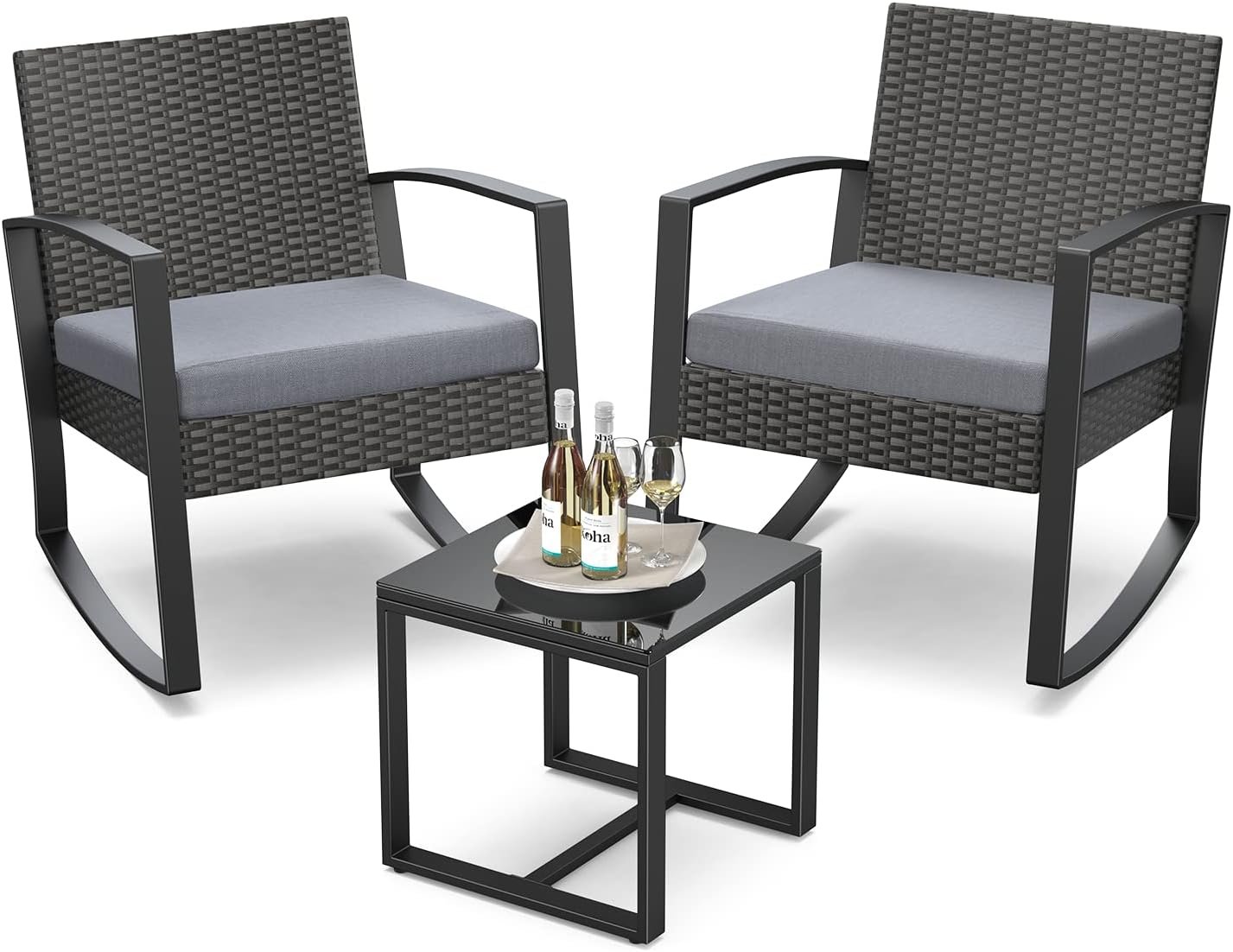 Patio Furniture Set Overview The sleek glass table included in the patio furniture set, offering functionality and elegance for any outdoor setting.