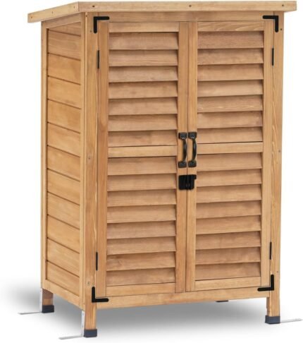 Wood Shed full view showing the compact size and double door design in a yellow finish suitable for the garden.